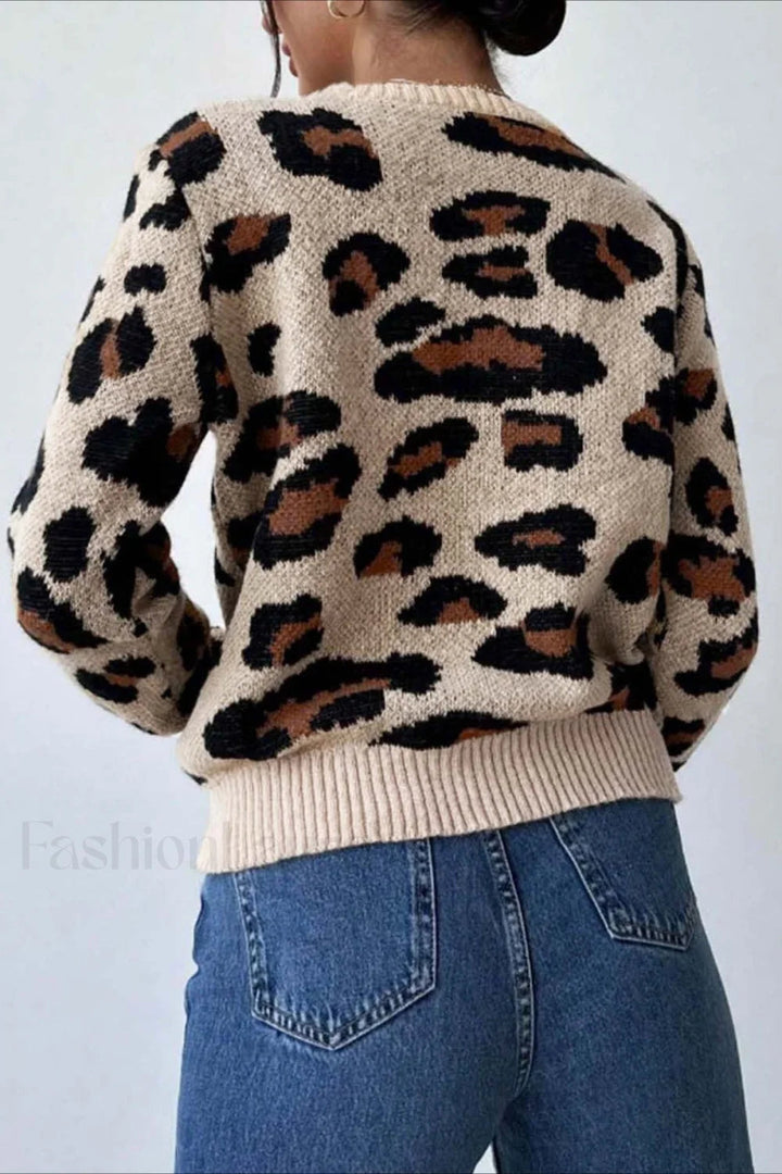 Pull à col rond chic avec imprimé léopard bicolore