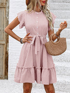 Robe Mignonne Plissée à Pois avec Taille Ceinturée