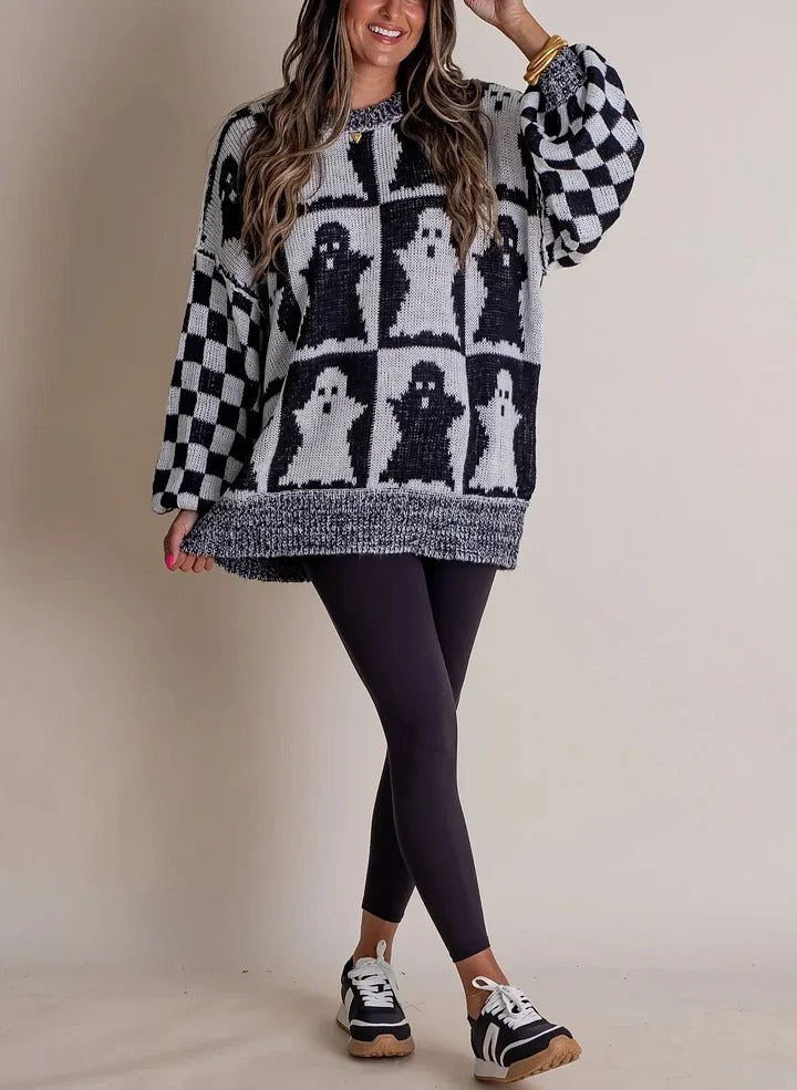 Pull tricoté à carreaux pour Halloween