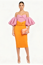 Robe mi-longue à manches ballon bicolore