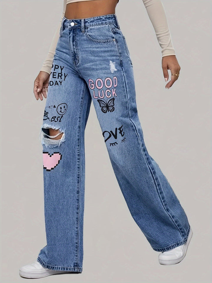 Jean en denim à taille haute et jambes larges avec imprimé graphique