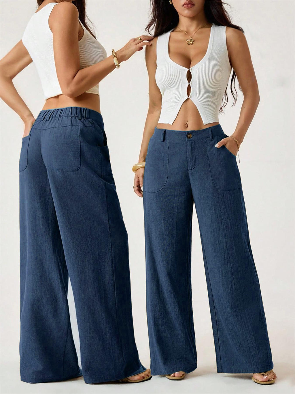 Pantalon taille haute large en mélange coton lin