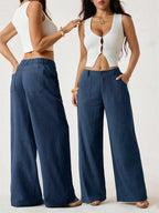 Pantalon taille haute large en mélange coton lin