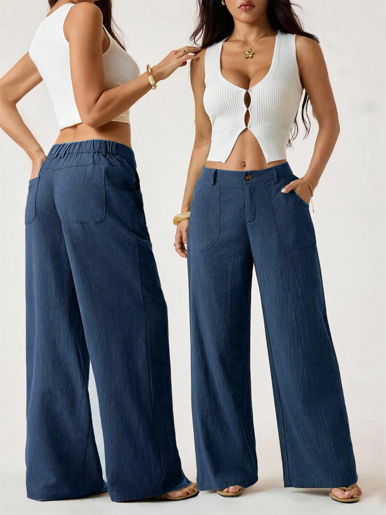 Pantalon taille haute large en mélange coton lin