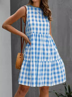 Robe Mini Sans Manches à Carreaux Facile avec Détails Plissés