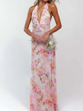 Robe longue froncée à col halter imprimé floral