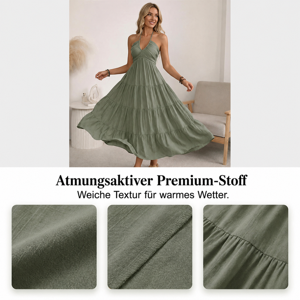 Robe longue dos nu à col halter avec drapés fluides