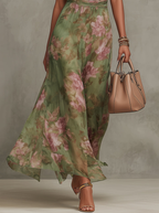 Robe longue en mousseline à fleurs vertes avec col licou