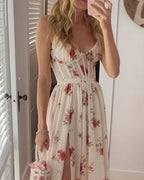 Robe longue fleurie femme portée, montrant la coupe fluide
