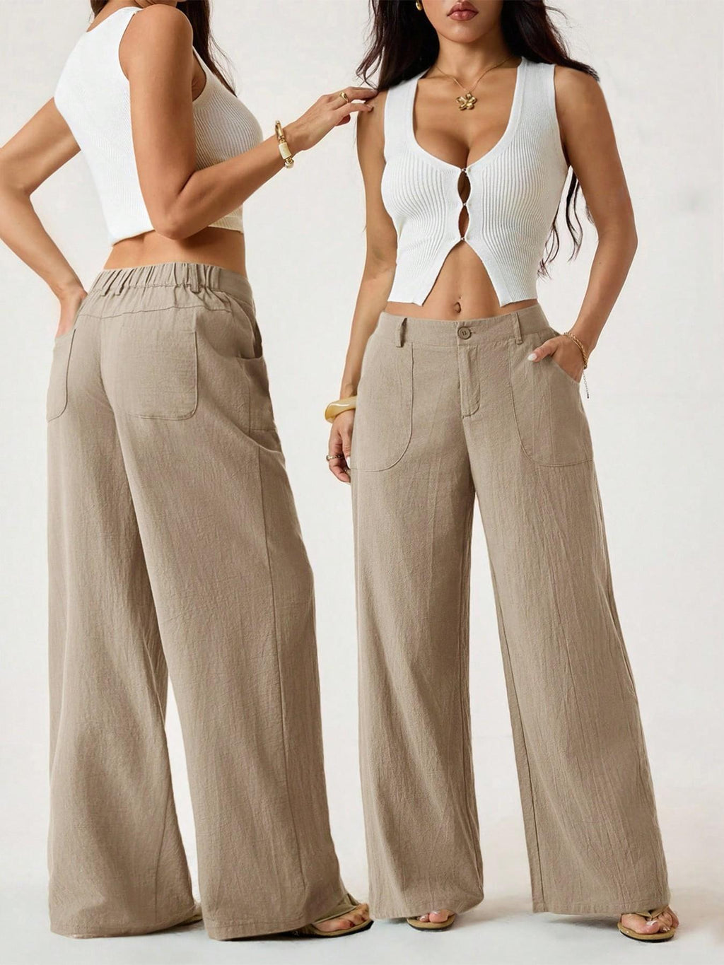 Pantalon taille haute large en mélange coton lin