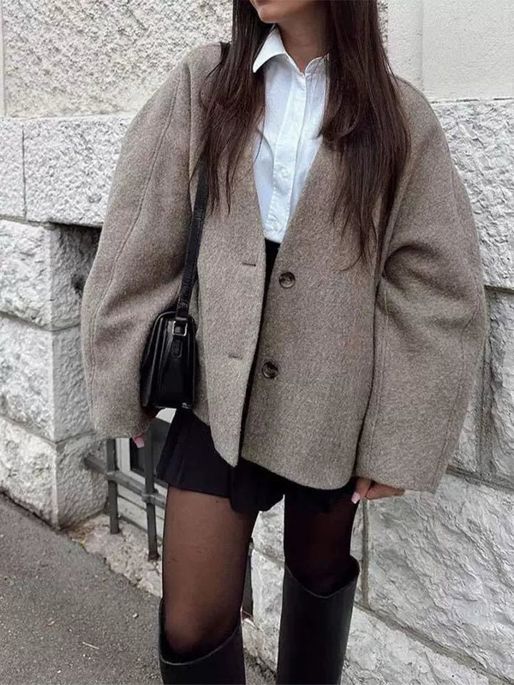 Manteau oversize à col en V effet laine pour femme