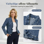 Veste en jean pour femmes avec bordure à volants et devant ouvert