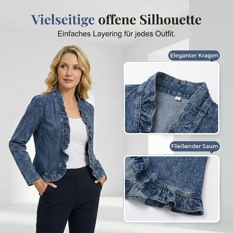 Veste en jean pour femmes avec bordure à volants et devant ouvert
