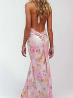 Robe longue froncée à col halter imprimé floral