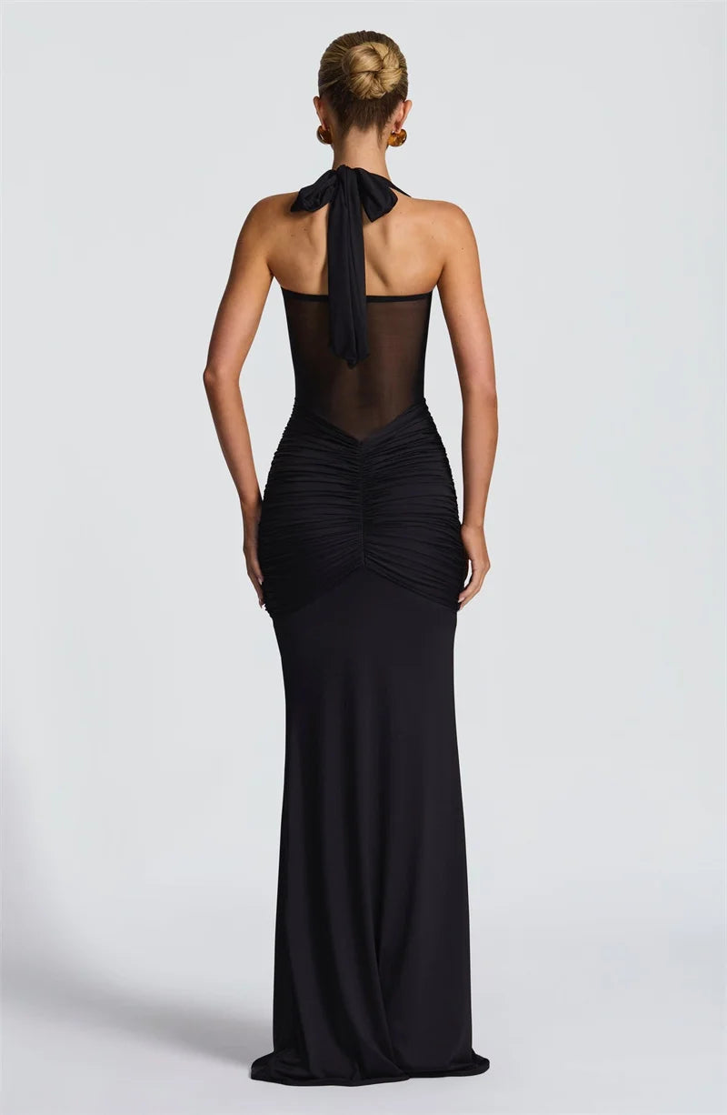 Robe longue moulante drapée à col halter robe de soirée sculptante