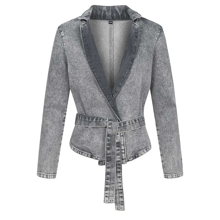 Veste décontractée en jean ceinturée avec col montant et manches longues