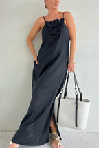 Sophie Paris | Robe maxi fendue à poches ornée de motifs floraux en mélange de lin