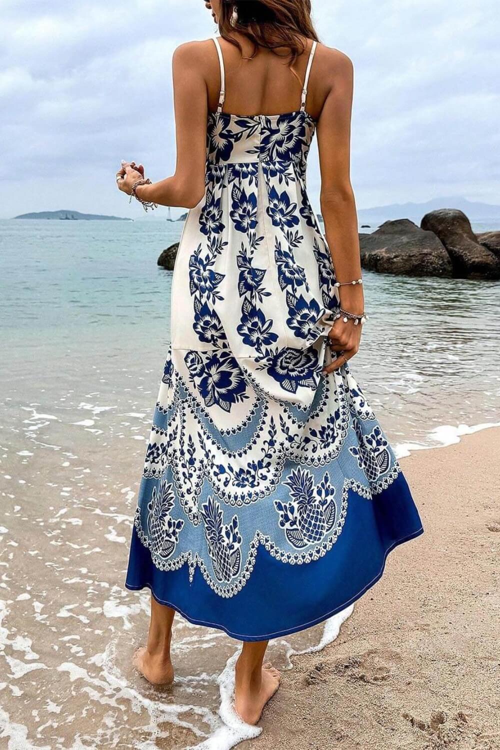 Robe midi bleu en polyester à bretelles spaghetti