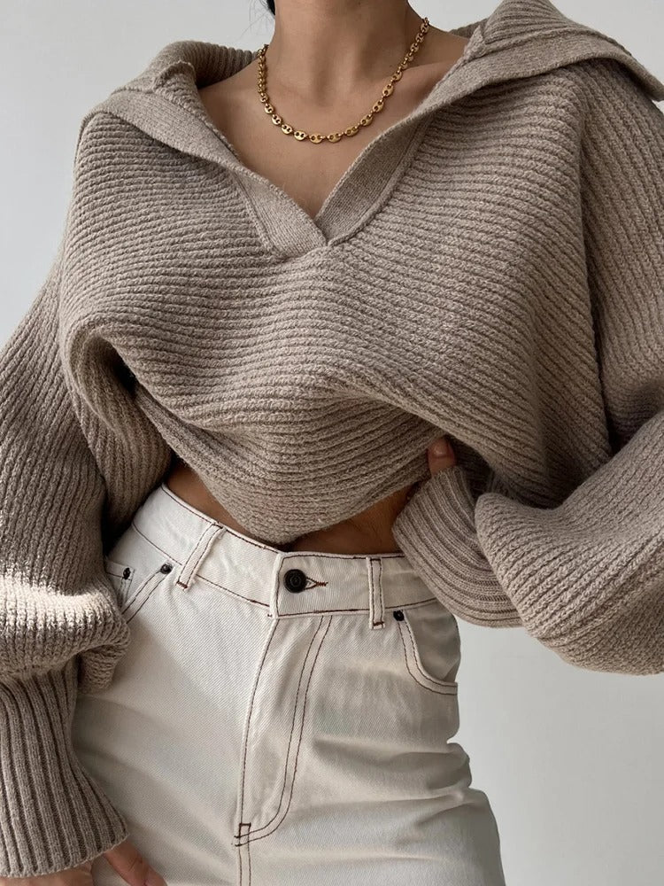Pull en tricot col ouvert à manches lanterne confortable