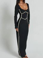Robe maxi moulante à manches longues avec bordure contrastée