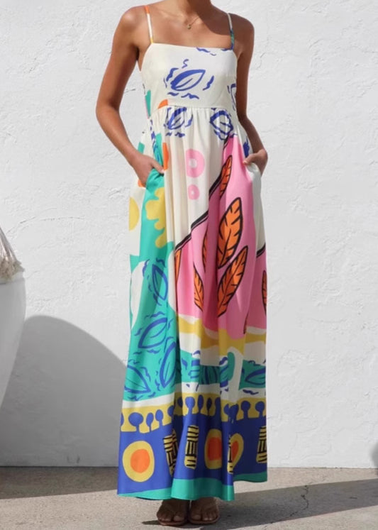 Robe d'été à bretelles spaghetti avec imprimé vacances