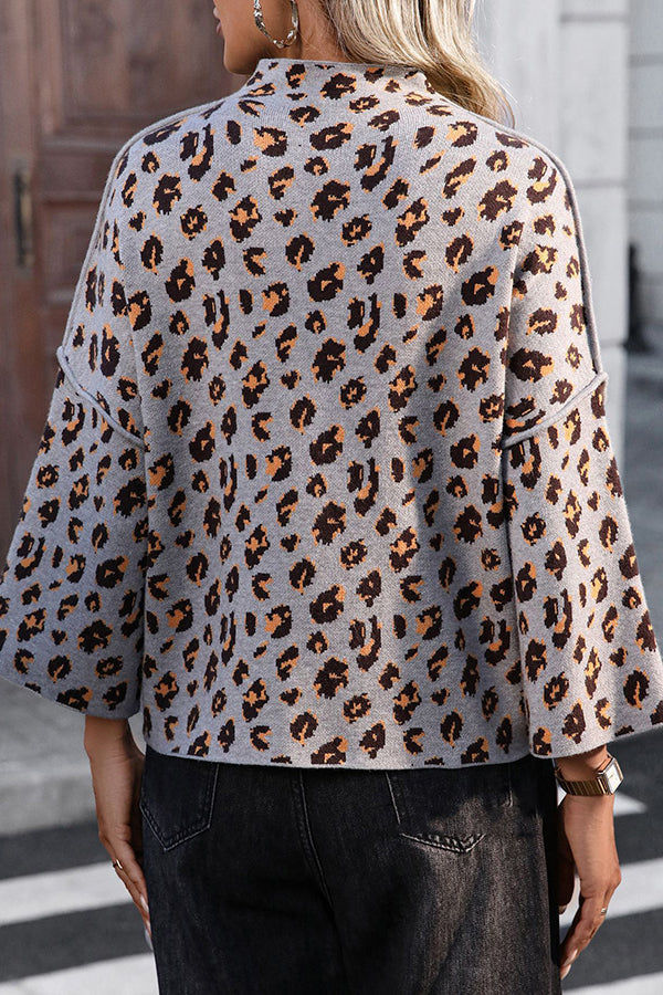 Pull en tricot à motif léopard confortable avec col roulé ample