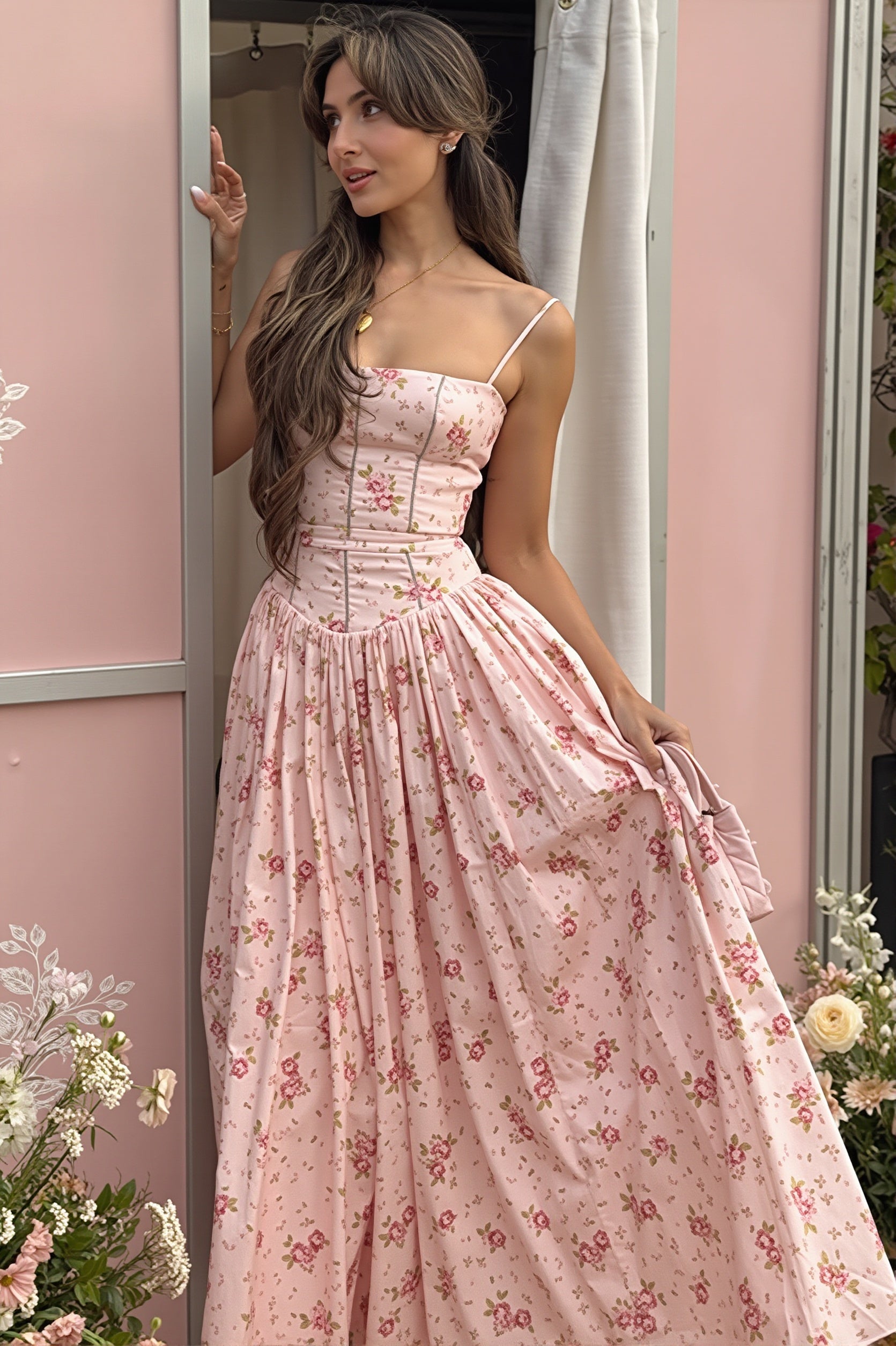 Robe maxi fleurie femme portée, silhouette élégante et féminine