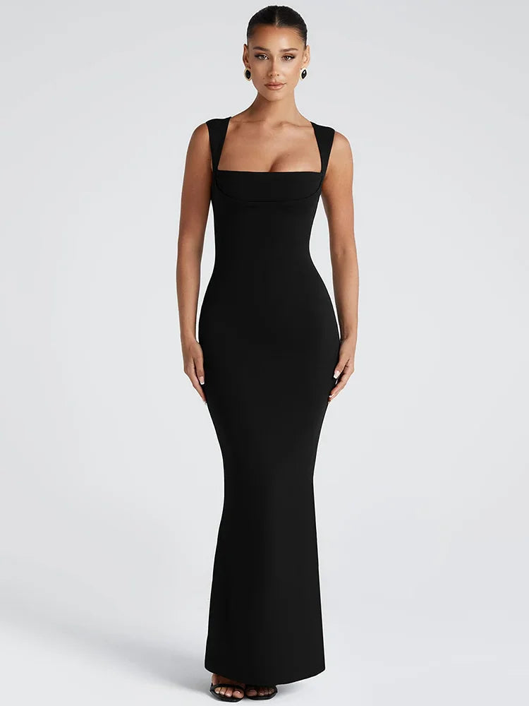 Robe Maxi Moulante Col Carré Robe de Soirée Sculptante