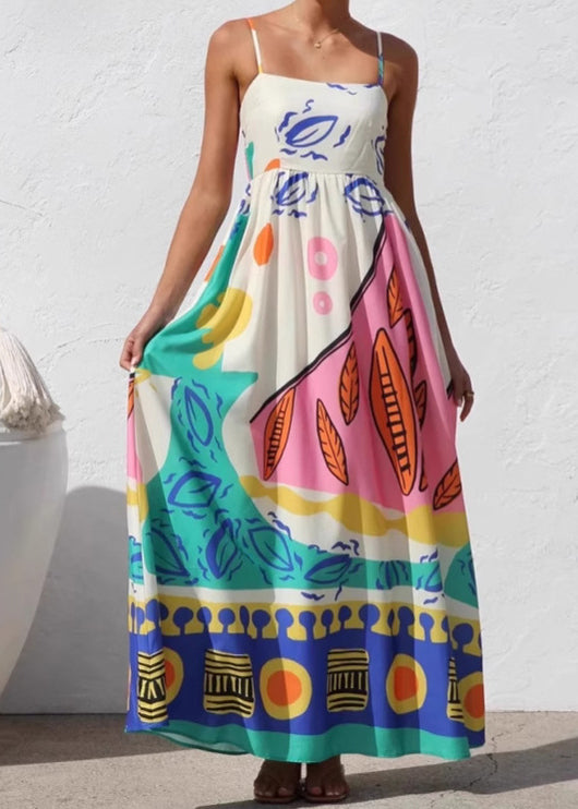 Robe d'été à bretelles spaghetti avec imprimé vacances