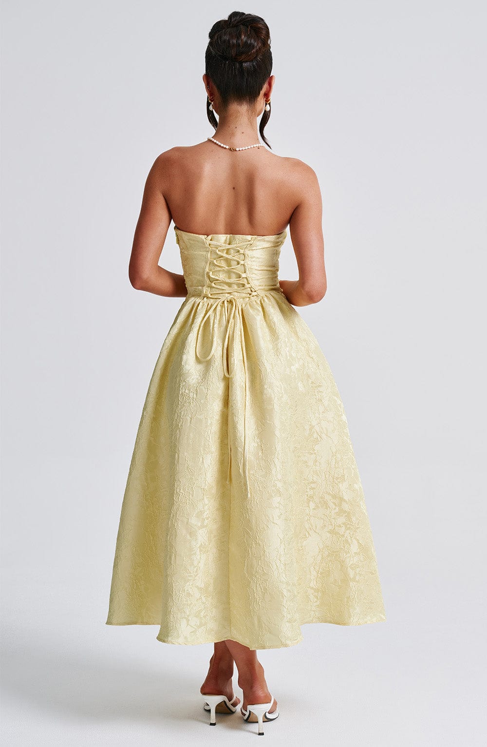 Robe midi bustier en jacquard floral citron