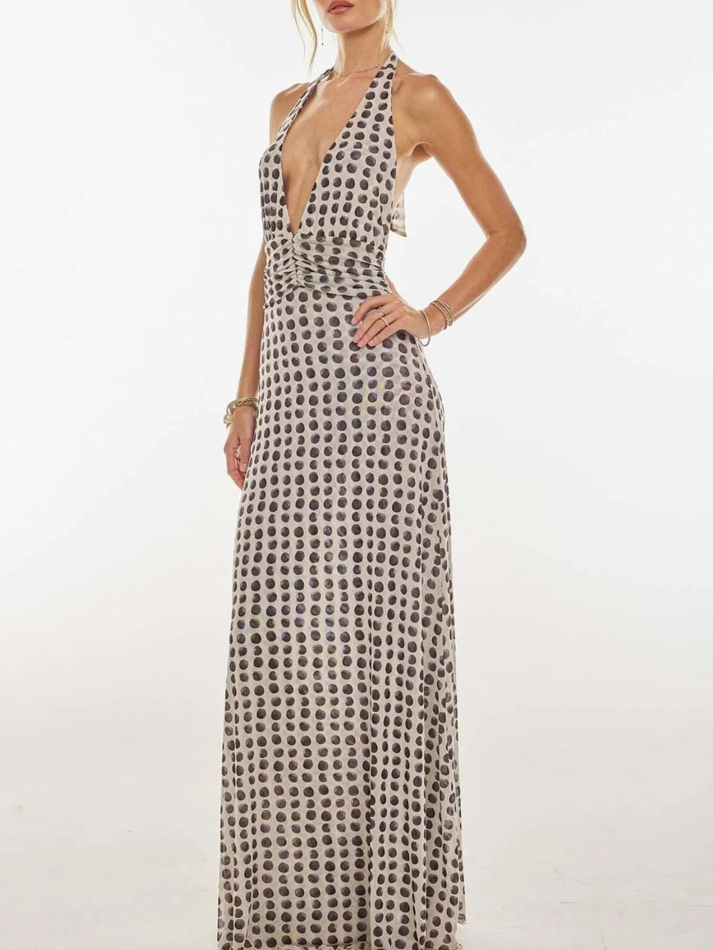 Robe longue froncée à col halter imprimé floral