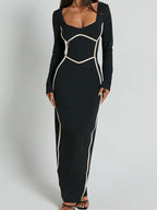 Robe maxi moulante à manches longues avec bordure contrastée