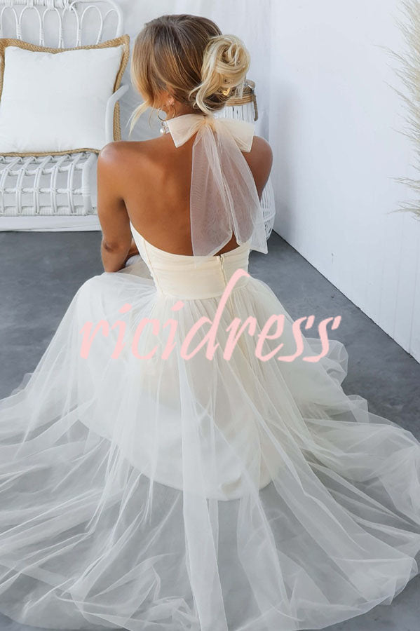 Robe longue en tulle à col licou avec détails froncés