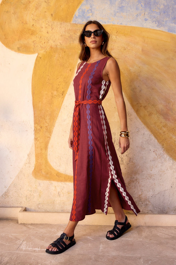Robe mi-longue marron tabac pour femme