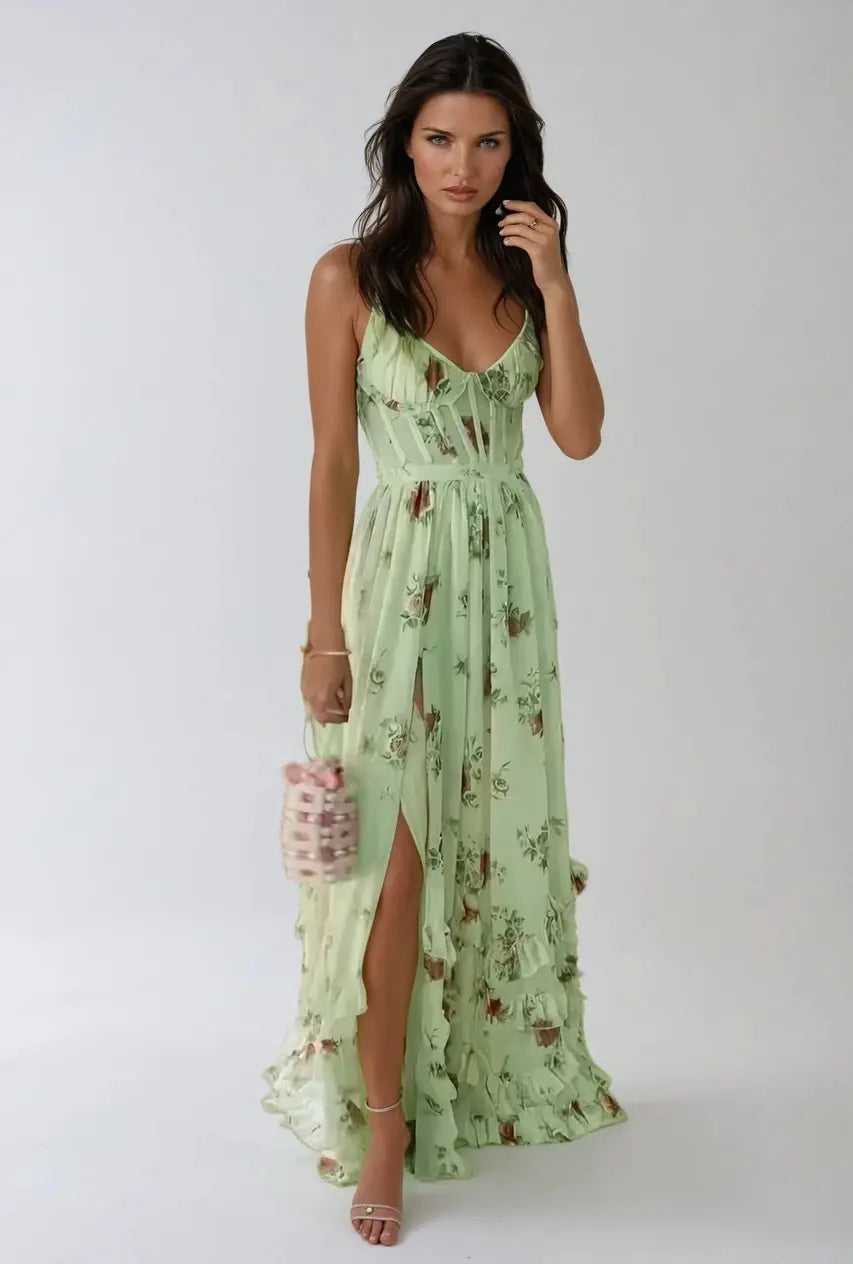 Robe Maxi à Bretelles Spaghetti avec Ourlet à Volants