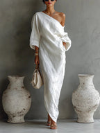 Robe Maxi en Lin à Manches Bouffantes pour Femme