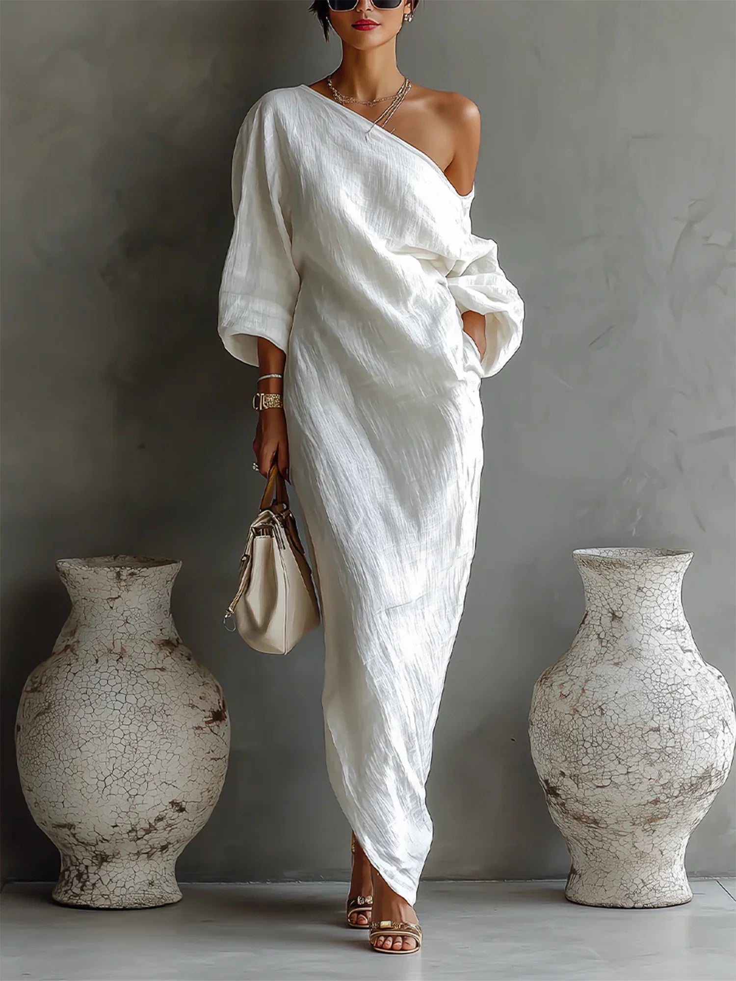 Robe Maxi en Lin à Manches Bouffantes pour Femme