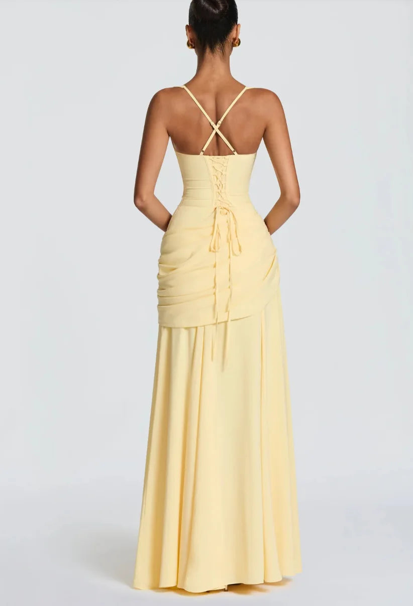 Robe Maxi Jaune Drapée Froncée pour Femme