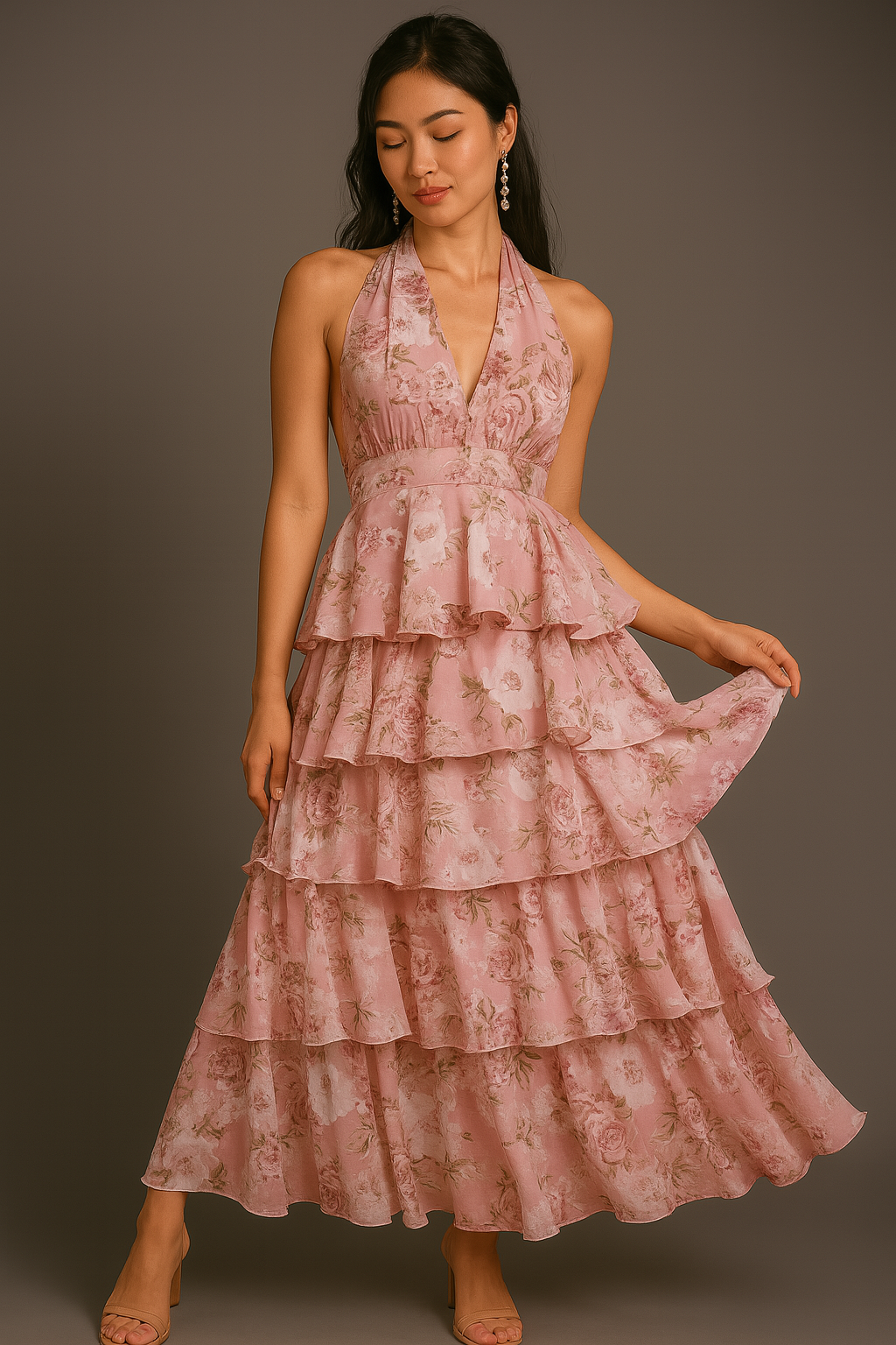 Robe maxi à volants en étages avec imprimé floral et détail à la taille, col licou