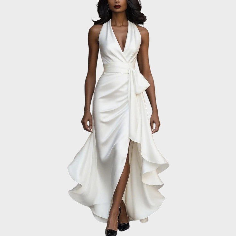 Robe dos nu en satin midnight avec détail volanté