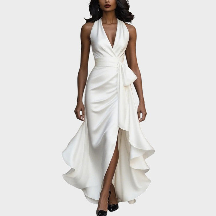 Robe dos nu en satin midnight avec détail volanté