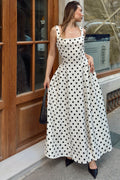 Robe Midi Blanche à Pois avec Bretelles Épaisses et Taille Froncée