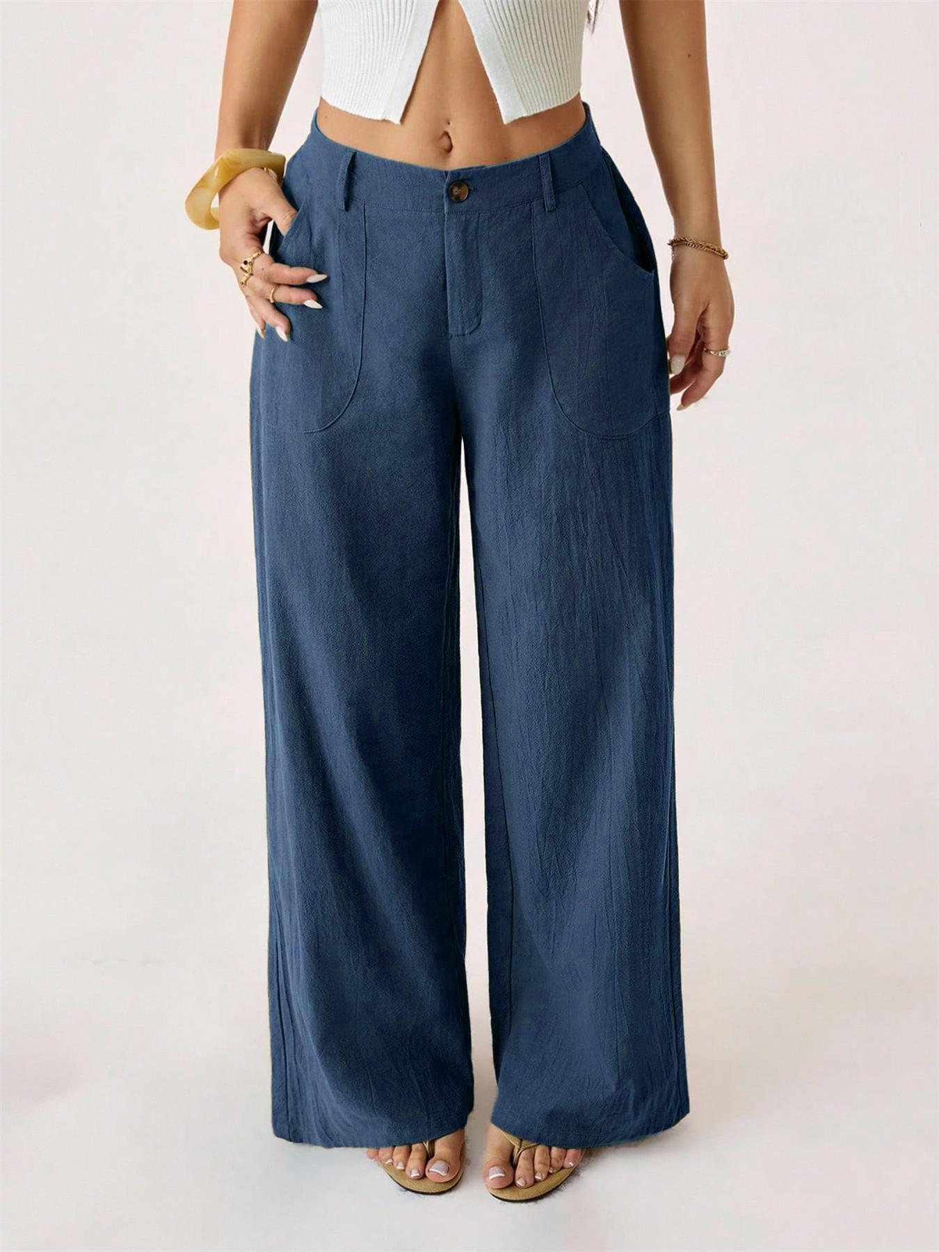 Pantalon taille haute large en mélange coton lin