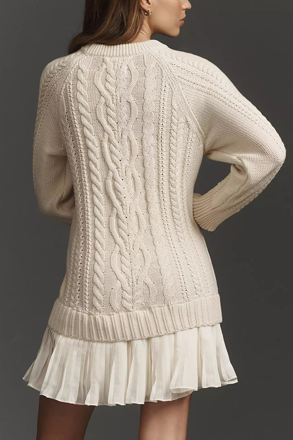 Robe Mini Pull en Maille Côtelée avec Ourlet en Chiffon Plissé