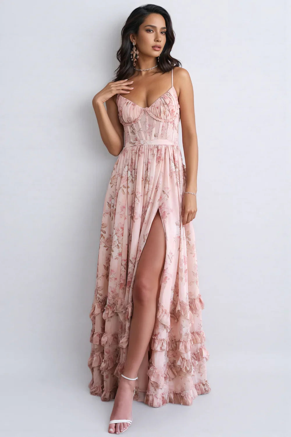 Robe Maxi à Bretelles Spaghetti avec Ourlet à Volants