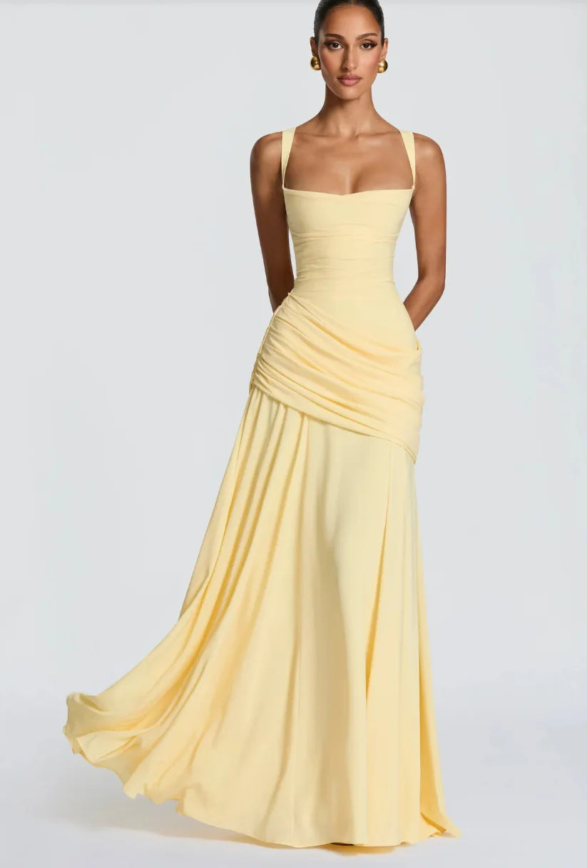 Robe Maxi Jaune Drapée Froncée pour Femme