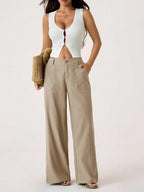 Pantalon taille haute large en mélange coton lin