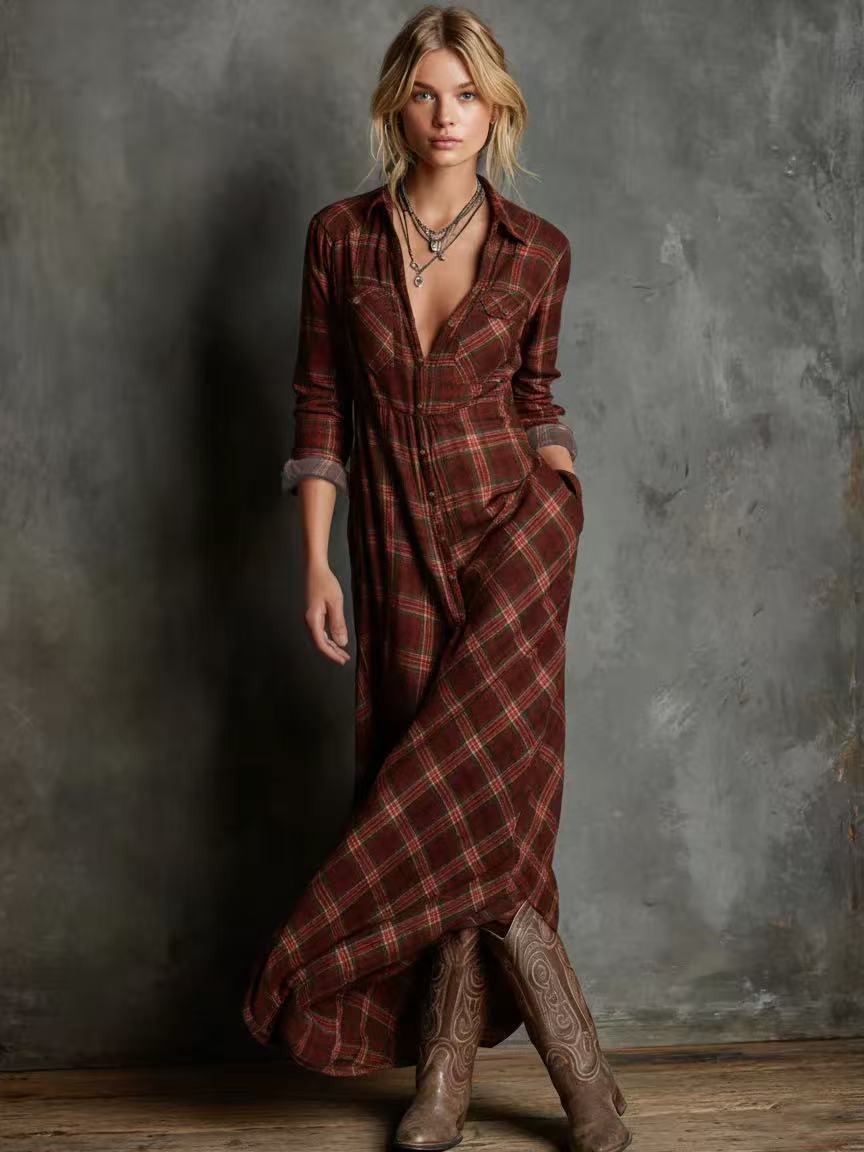 Robe longue à carreaux avec boutons sur le devant