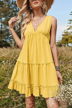 Robe courte décontractée ample sans manches à col en V uni
