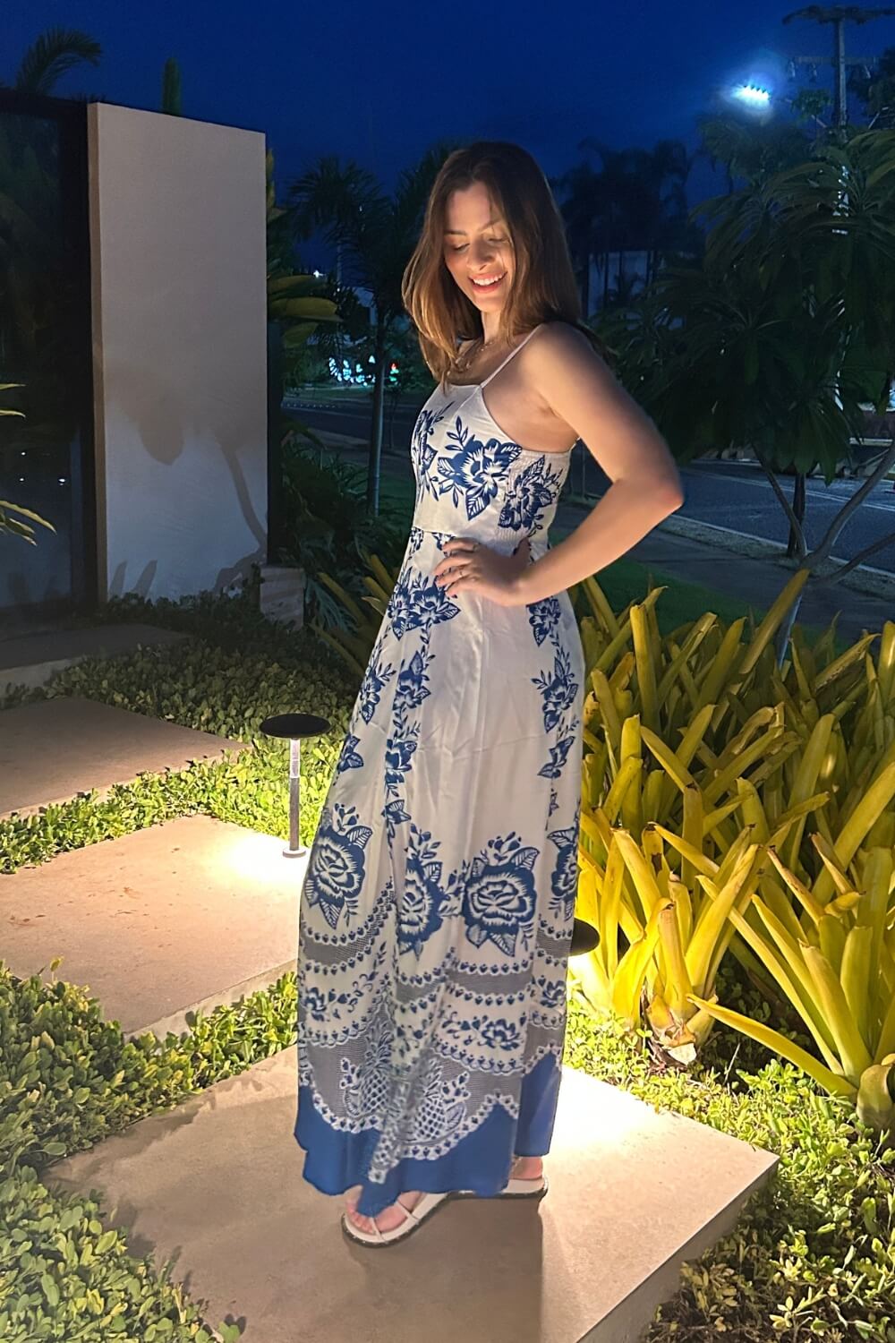 Robe midi bleu en polyester à bretelles spaghetti